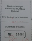 Reçu de demande d'actes